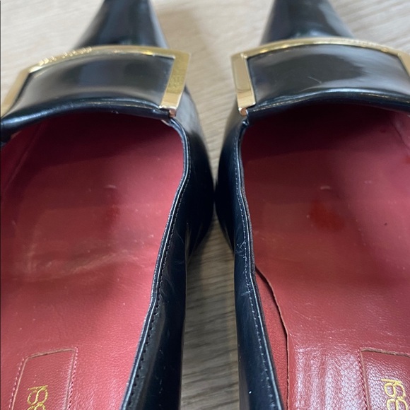 Sergio Rossi Black Leather Pumps Gold Buckle Square Toe Heels Classic Designer - Picture 9 of 13
